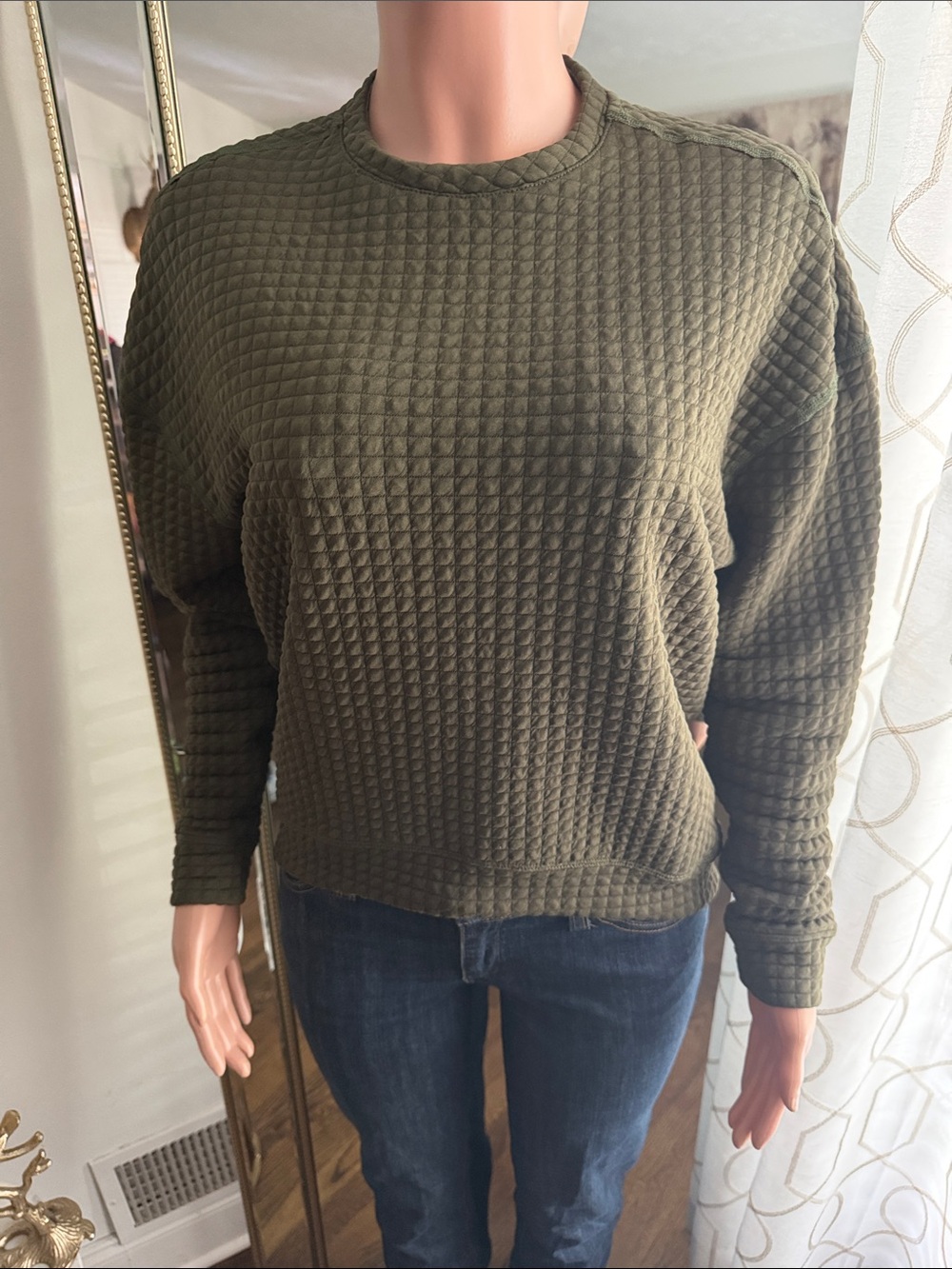 Olive Quilted Crewneck Sweater - Women